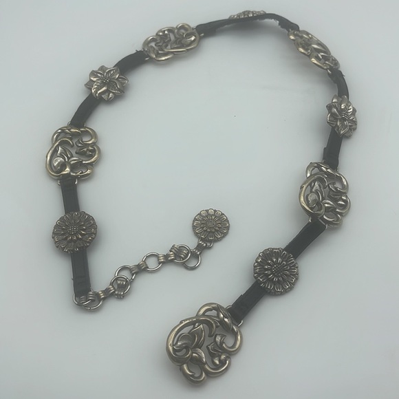Vintage Silver & Leather Chain & Floral Conchos Statement Belt Boho Western Sz S main image 11